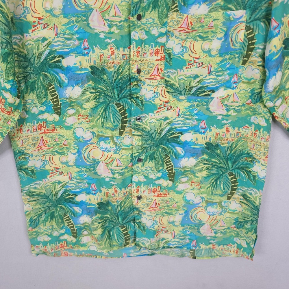 Robert Stock Shirt Mens Large Green Tropical Palm Tree Sailboat Button Front - Picture 2 of 13
